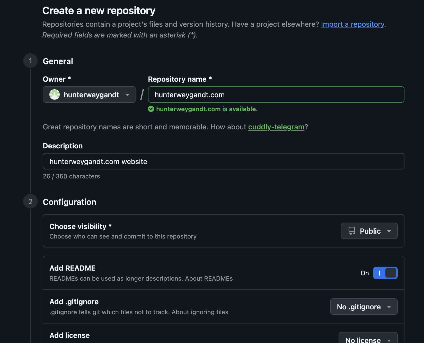 GitHub new repository creation page with repository name, description, and visibility set to public
