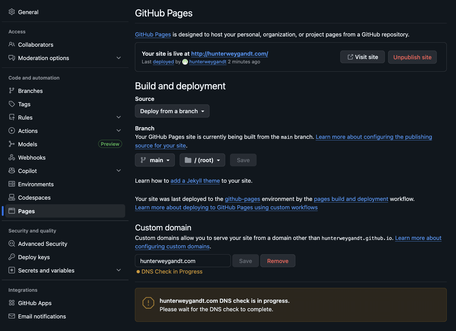 GitHub Pages settings showing the custom domain field with a DNS check in progress
