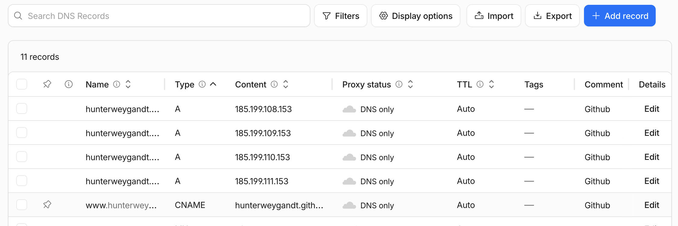 Cloudflare DNS dashboard showing four A records pointing to GitHub's IPs and a CNAME for www, all set to DNS only