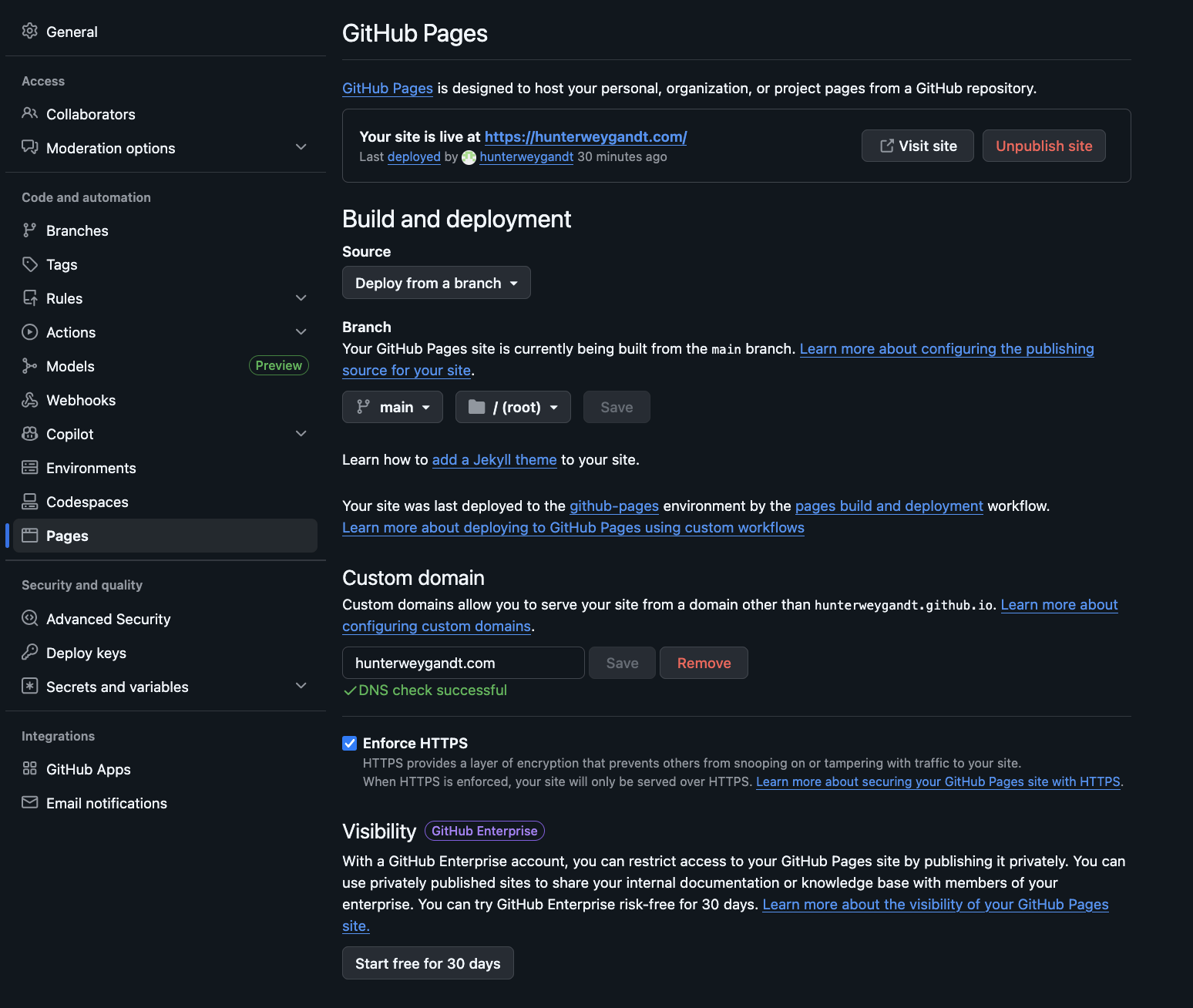 Screenshot of GitHub Pages settings with HTTPS enforced