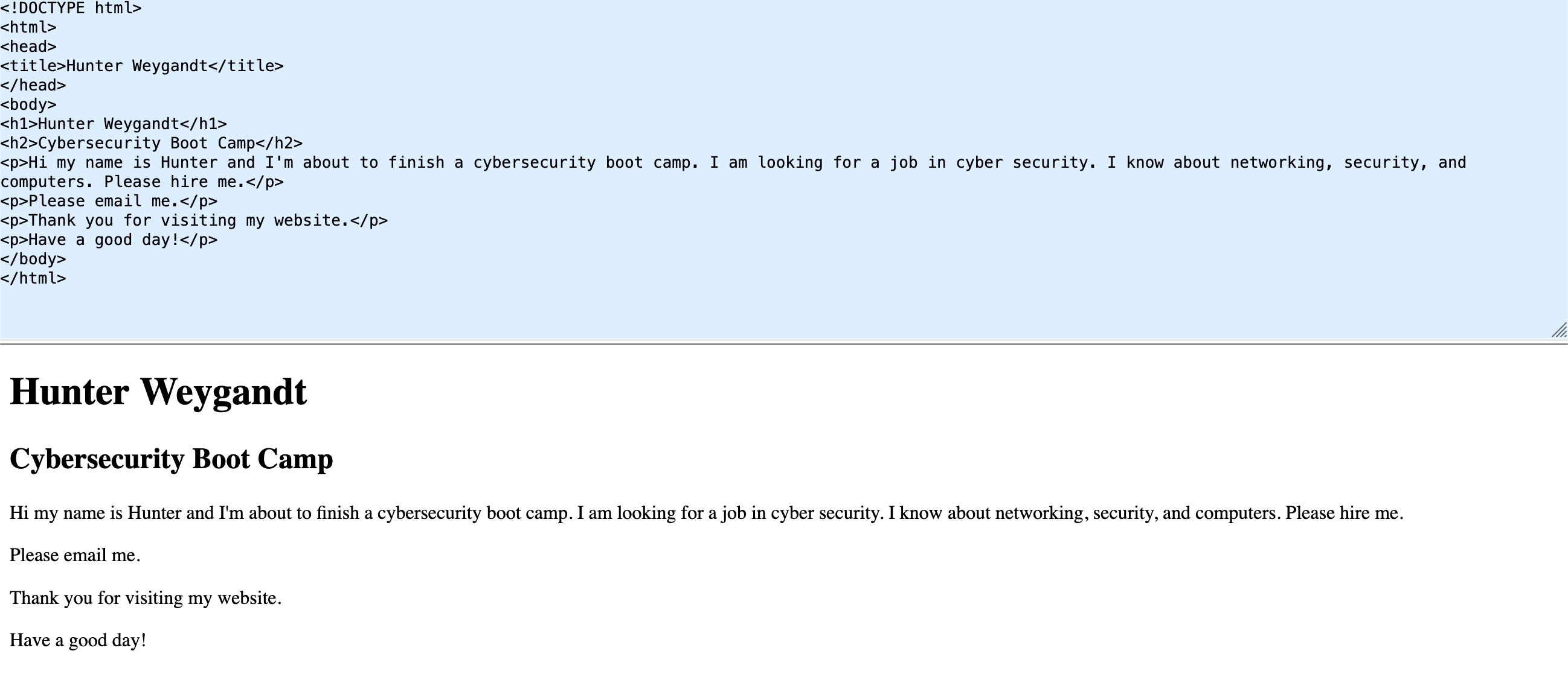 Screenshot of my old bootcamp portfolio: plain unstyled text on a white background with default fonts