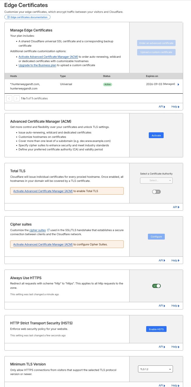 Cloudflare Edge Certificates settings showing Always Use HTTPS and Automatic HTTPS Rewrites enabled