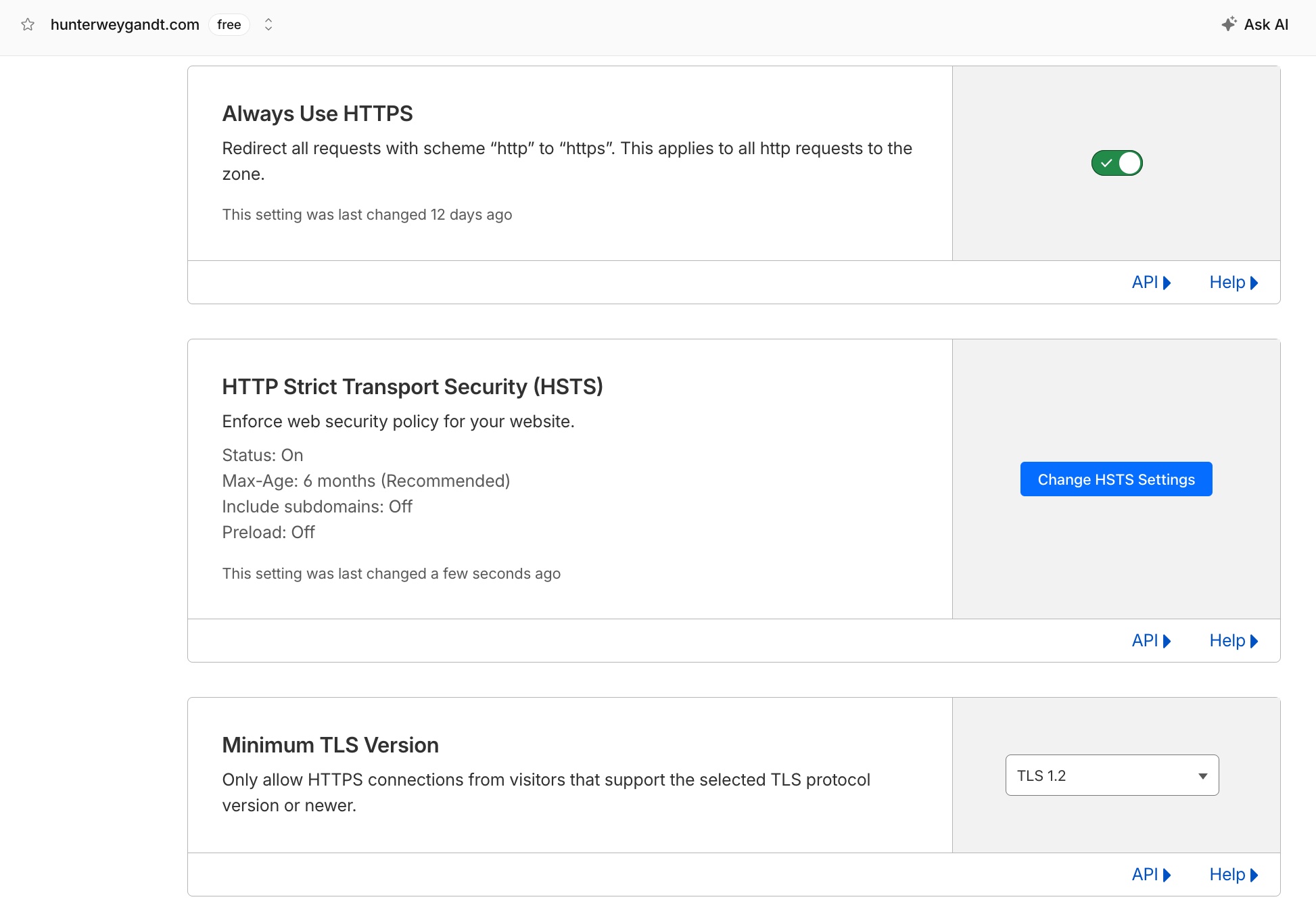 Cloudflare HSTS configuration showing HSTS enabled with includeSubDomains and preload turned off