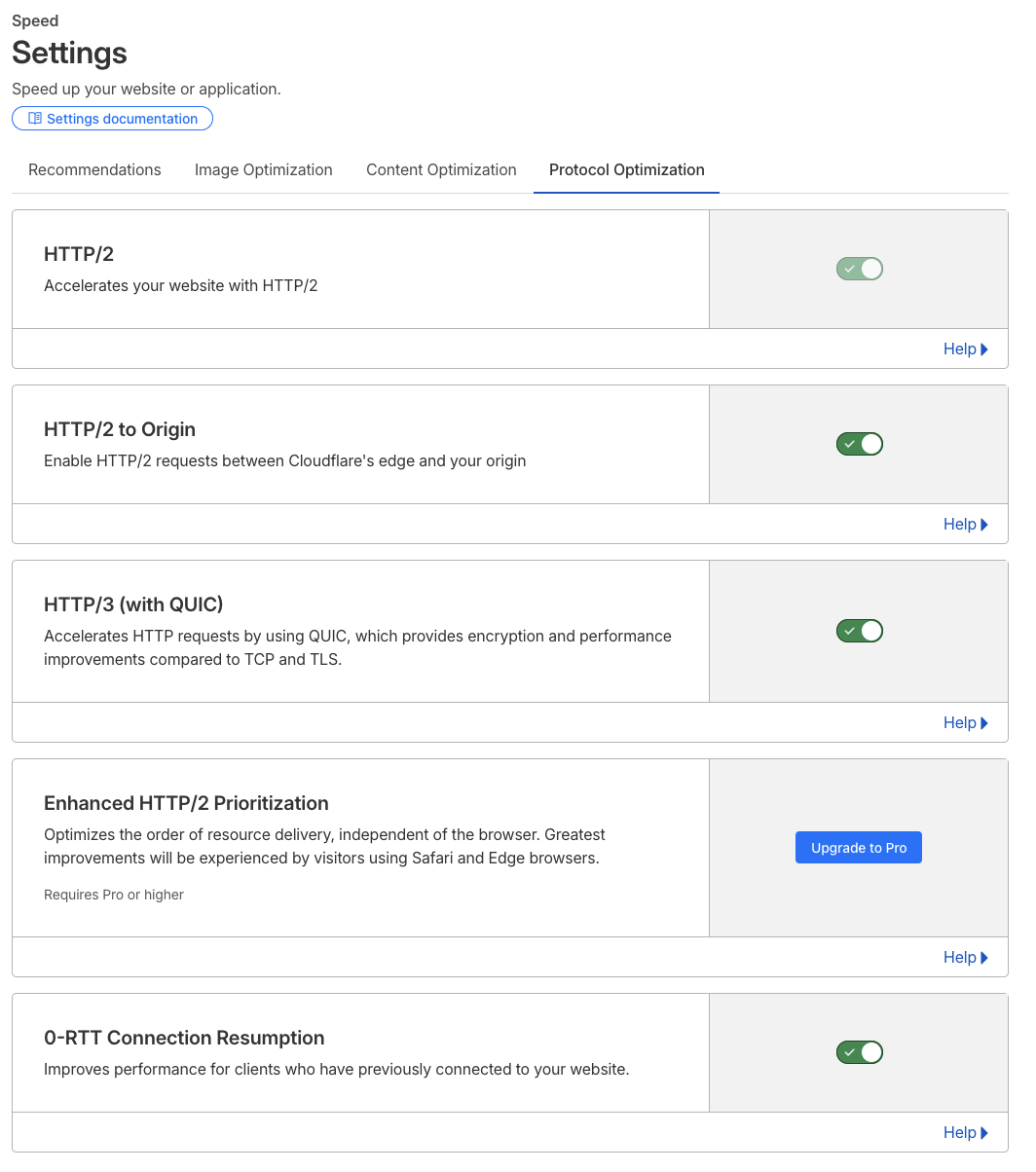 Cloudflare optimization settings showing HTTP/3 and 0-RTT Connection Resumption enabled