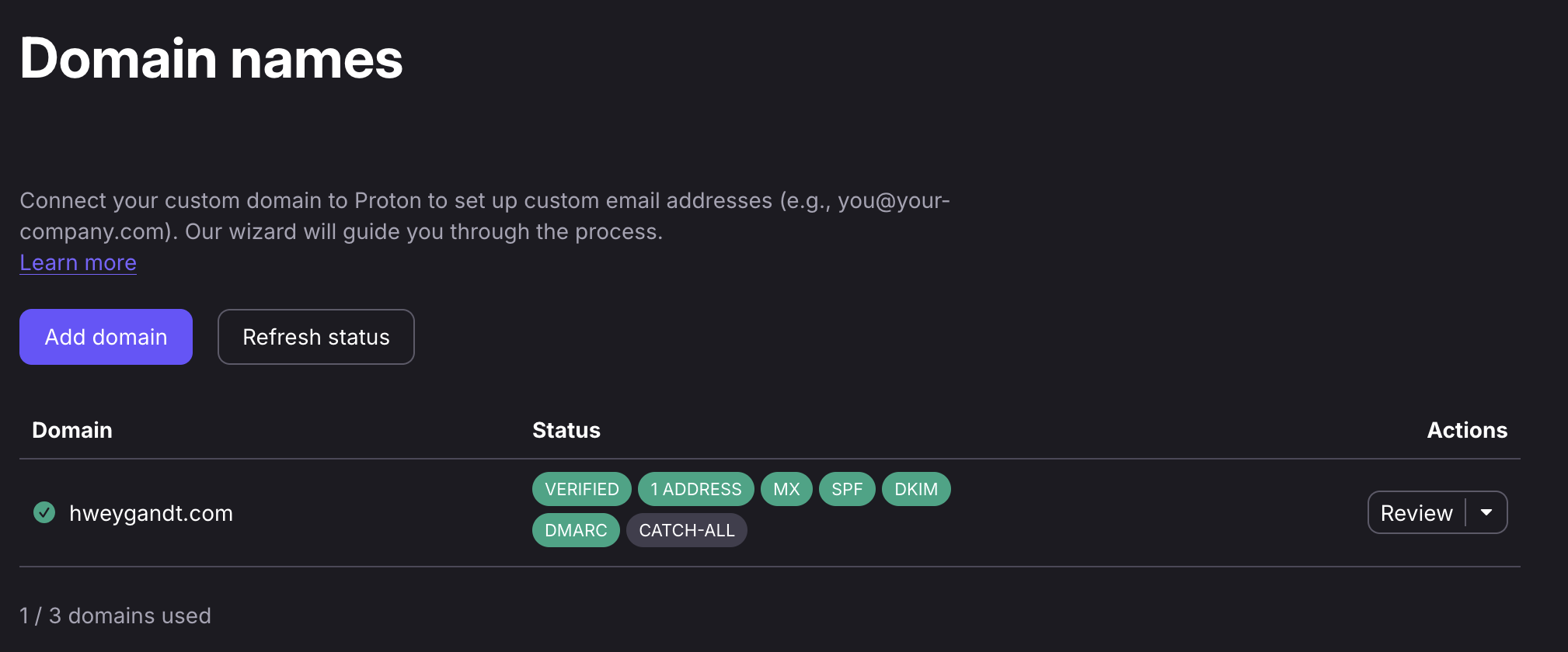 Proton Mail custom domains page showing hweygandt.com verified with green badges for MX, SPF, DKIM, and DMARC records, plus catch-all enabled