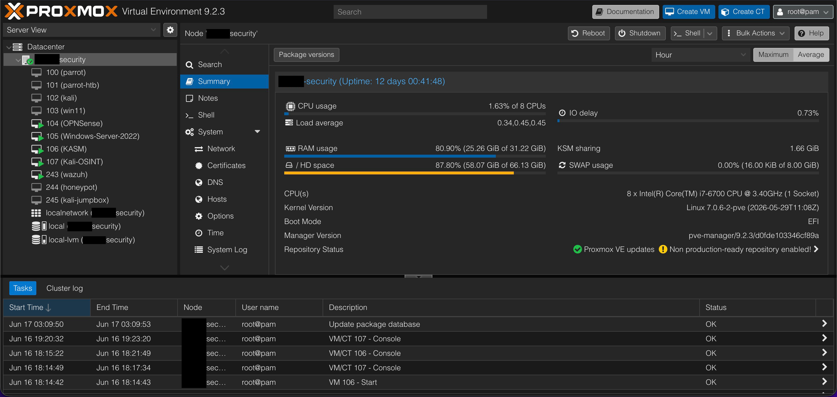 Proxmox dashboard showing the lab VMs including parrot, kali, the Windows Server domain controller, win11, honeypot, jumpbox, OPNsense, and the security stack