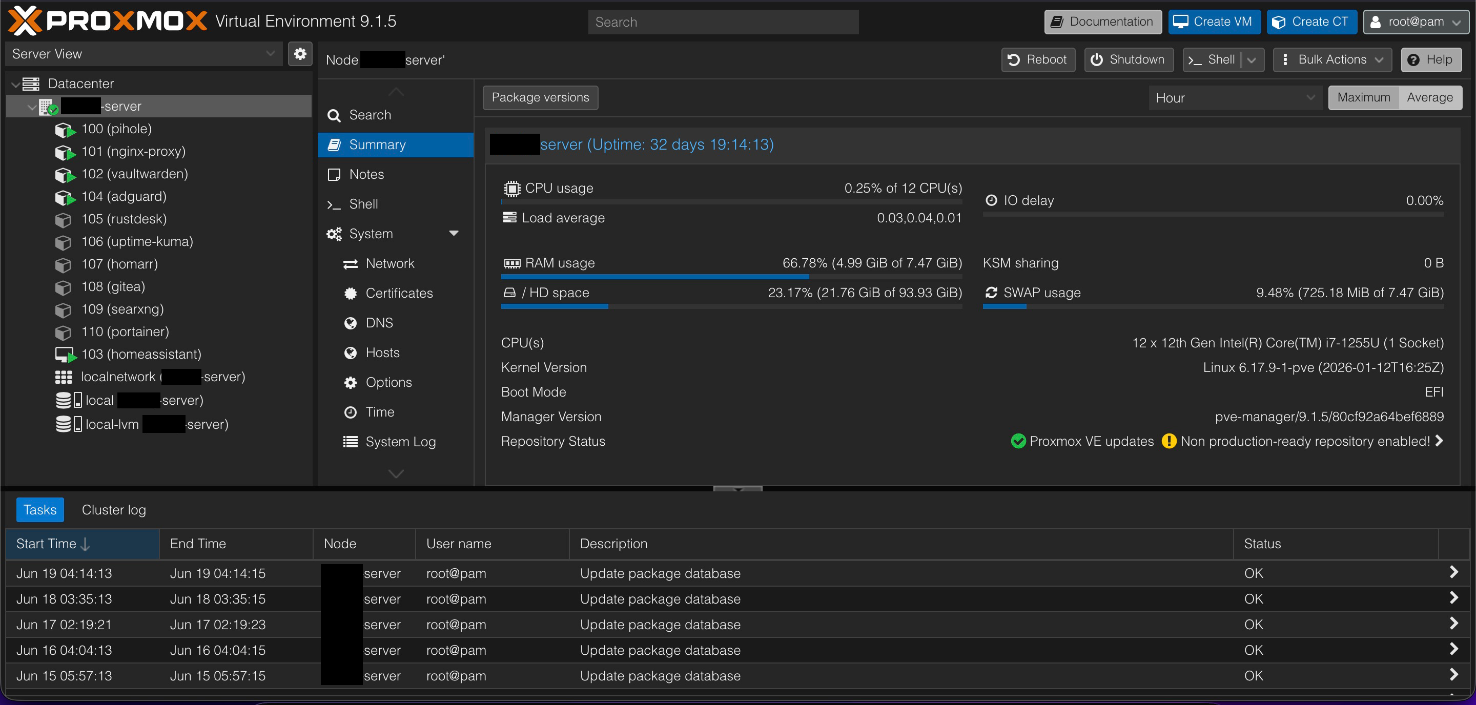 Proxmox dashboard showing the home lab VMs and containers, including AdGuard, Pi-hole, Vaultwarden, Home Assistant, and others running on the server
