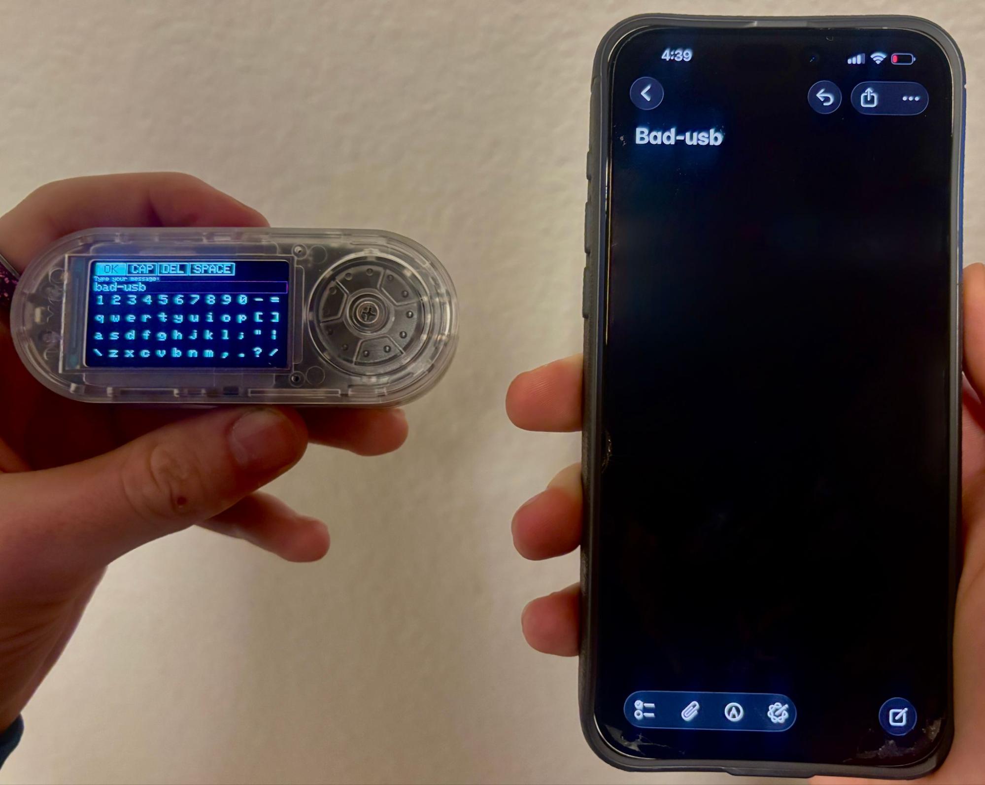 The LILYGO device displaying its BadUSB keyboard interface next to a phone