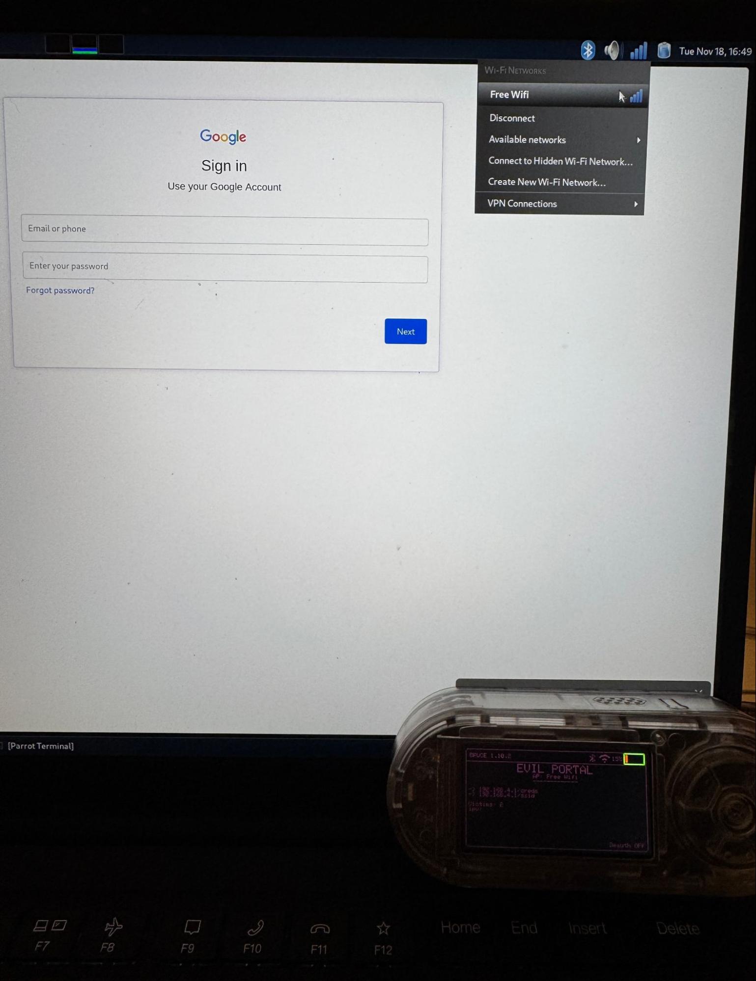 The LILYGO device running an Evil Portal captive page on a test laptop I own