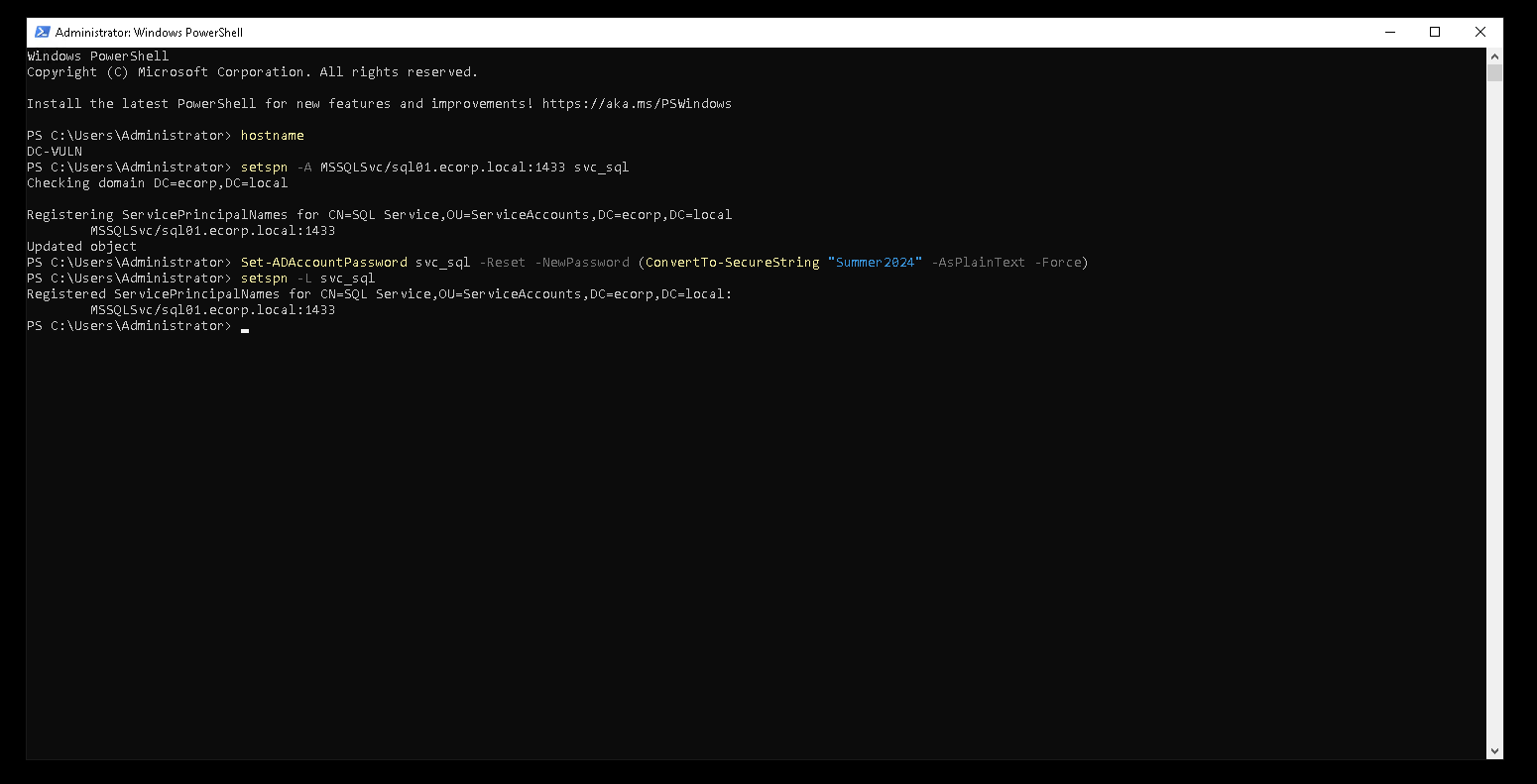 Administrator Windows PowerShell on the DC-VULN domain controller. setspn -A registers the SPN MSSQLSvc/sql01.ecorp.local:1433 to the svc_sql account, and the DC confirms 'Updated object' for CN=SQL Service,OU=ServiceAccounts. Set-ADAccountPassword then resets svc_sql to the weak password Summer2024. A final setspn -L svc_sql verifies the SPN is registered - the account is now Kerberoastable.