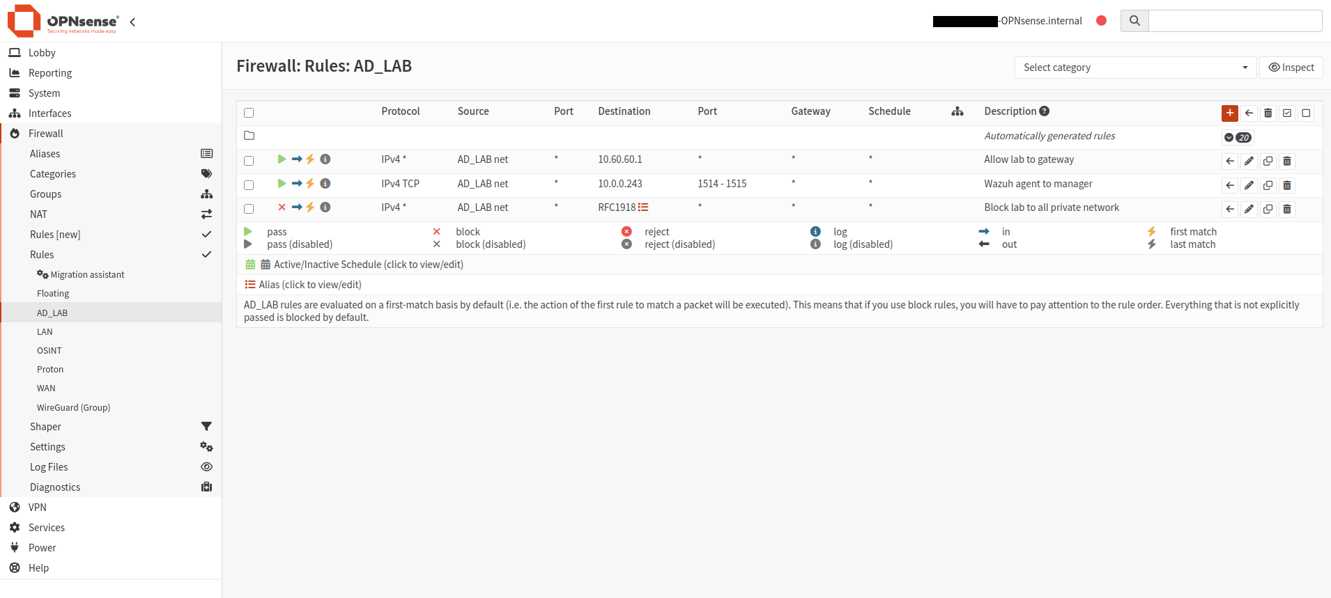 OPNsense Firewall Rules for the AD_LAB interface showing three rules in order: Pass IPv4 from AD_LAB net to 10.60.60.1 (Allow lab to gateway), Pass IPv4 TCP from AD_LAB net to 10.0.0.243 ports 1514-1515 (Wazuh agent to manager), and Block IPv4 from AD_LAB net to RFC1918 alias (Block lab to all private network). First-match ordering ensures the Wazuh pinhole is evaluated before the catch-all block.